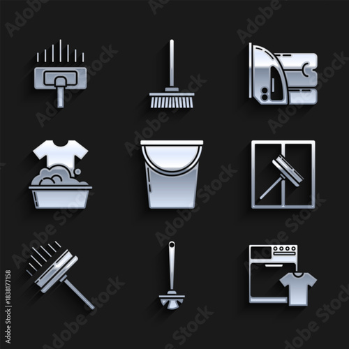 Set Bucket, Toilet brush, Washer and t-shirt, Squeegee, scraper, wiper, Plastic basin with soap suds, Electric iron towel and Vacuum cleaner icon. Vector