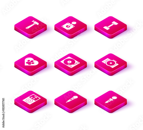 Set Music player, Microphone, Heart with animals footprint, Vinyl vinyl disk, Joystick for arcade machine, Photo camera, Dumbbell and icon. Vector