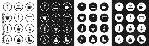 Set Watering can, Shovel, Flower pot, Garden rake, Bench, Blank wooden sign board, Plant and saw icon. Vector