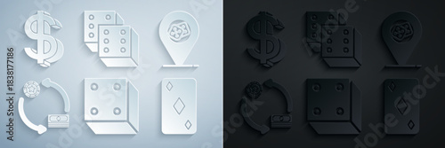 Set Game dice, Casino location, chips exchange stacks of dollars, Playing card with diamonds symbol, and Dollar icon. Vector