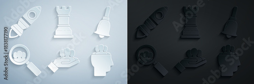 Set Project team base, Ringing bell, Magnifying glass for search people, Business strategy and Rocket ship with fire icon. Vector