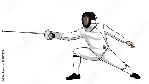 Fencing athlete in action pose with sword and protective gear for sports illustration design