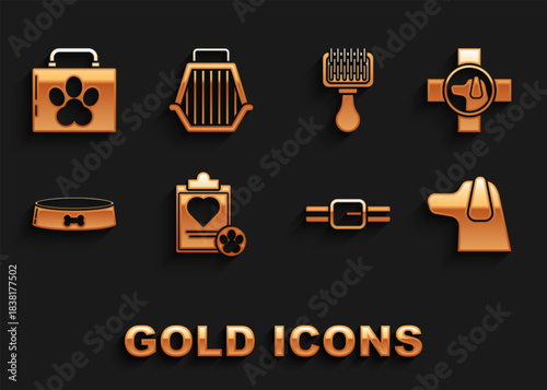 Set Clipboard with medical clinical record pet, Veterinary symbol, Dog, Collar name tag, Pet food bowl, Hair brush for dog and cat, first aid kit and carry case icon. Vector