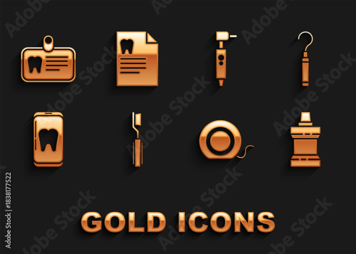 Set Toothbrush, Dental explorer scaler for teeth, Mouthwash plastic bottle, floss, Online dental care, drill, Id card with tooth and Clipboard icon. Vector