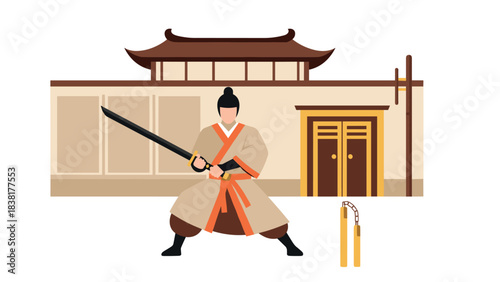 Samurai warrior practicing martial arts with sword in traditional japanese setting