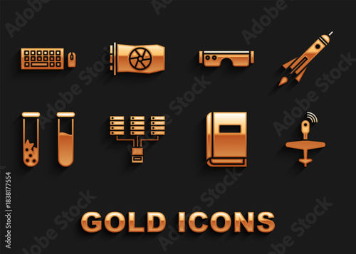 Set Server, Data, Web Hosting, Rocket ship with fire, UAV Drone, User manual, Test tube and flask, Smart glasses, Keyboard mouse and Video graphic card icon. Vector