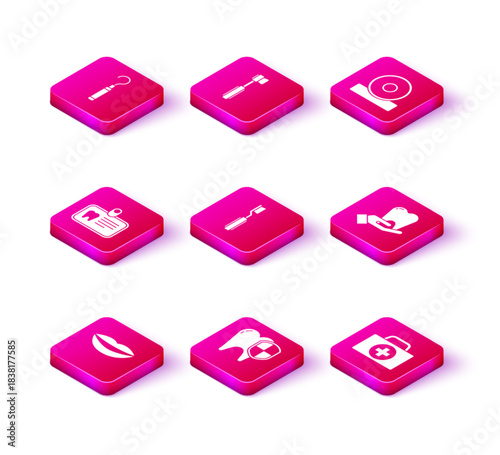 Set Smiling lips, Dental protection, Id card with tooth, Toothbrush, First aid kit, Otolaryngological head reflector and icon. Vector