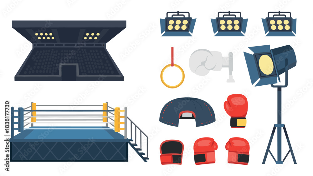 Obraz premium Boxing competition stadium set with gloves, ring, and lighting elements for event design