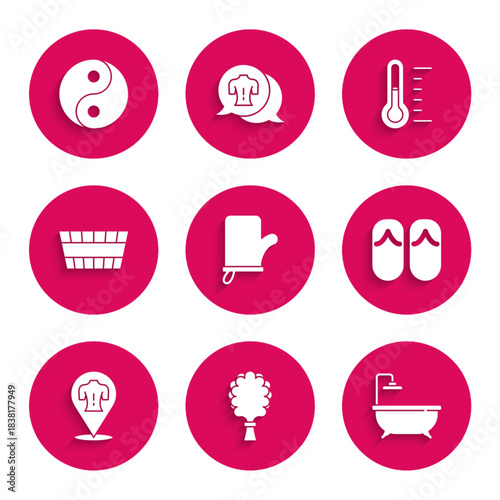 Set Sauna mittens, broom, Bathtub, Flip flops, Massage, bucket, thermometer and Yin Yang icon. Vector