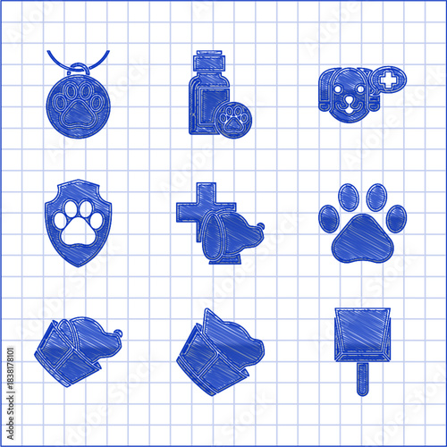 Set Veterinary clinic symbol, Dustpan, Paw print, Animal health insurance, and Collar with name tag icon. Vector
