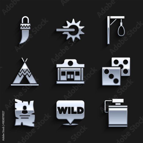 Set Wild west saloon, Pointer to wild, Canteen water bottle, Game dice, Wanted western poster, Indian teepee or wigwam, Gallows and Tooth icon. Vector