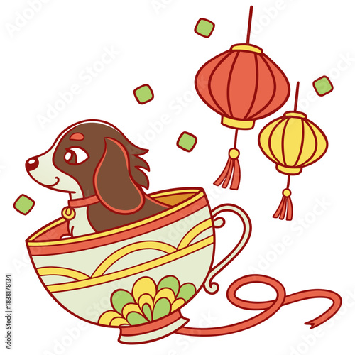 An adorable American Water Spaniel with a Content vibe, in a teacup, and a Year of the Dragon (or relevant animal) Lunar New Year / Chinese New Year theme – SVG style