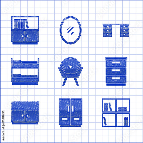 Set Armchair, Wardrobe, Shelf with books, Furniture nightstand, Bunk bed, Office desk and Library bookshelf icon. Vector