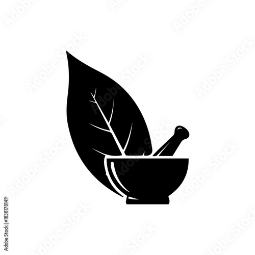 Herbal medicine mortar and pestle with leaf silhouette icon