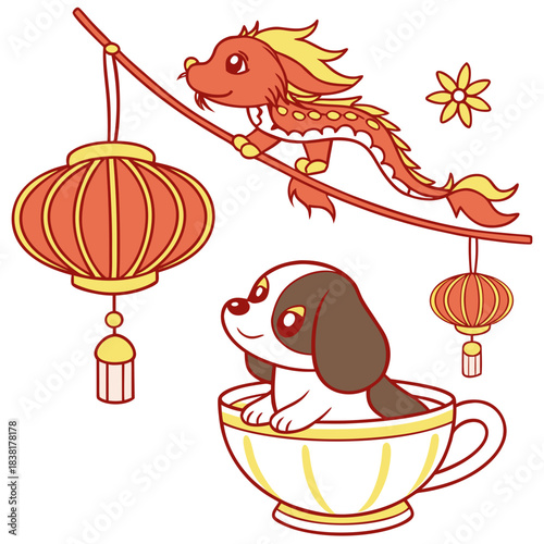 Cute SVG of a Dreamy American Water Spaniel in Year of the Dragon (or relevant animal) colors, featuring in a teacup in a Lunar New Year / Chinese New Year setting