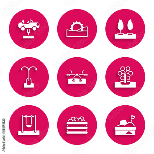 Set Seesaw, Pool with balls, Sandbox sand, Ferris wheel, Swing, Street light, Forest and car icon. Vector