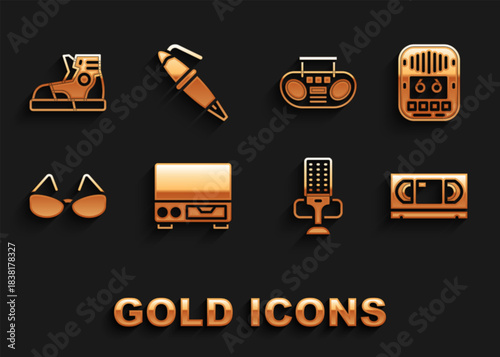 Set Old video cassette player, Cassette tape, VHS, Microphone, Glasses, Home stereo with two speakers, Sport sneakers and Fountain pen nib icon. Vector