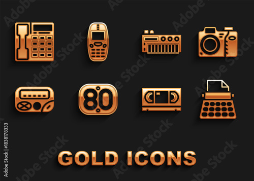 Set 80s Retro, Photo camera, typewriter, VHS video cassette tape, Pager, Music synthesizer, Telephone handset and Old mobile icon. Vector