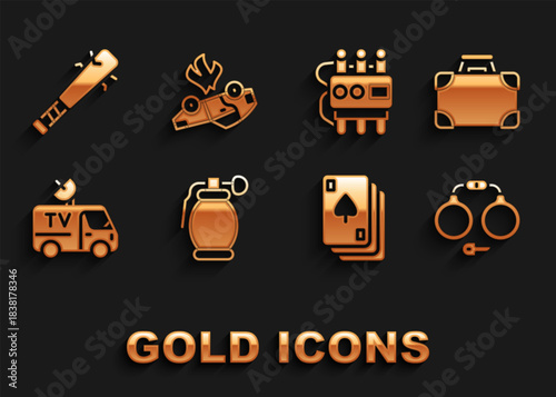 Set Hand grenade, Briefcase money, Handcuffs, Playing cards, TV News, Dynamite timer clock, Baseball bat with nails and Burning icon. Vector