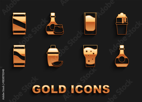 Set Cocktail shaker with lime, Glass of beer, Bottle cognac or brandy, Beer can, Shot glass, and Whiskey bottle icon. Vector