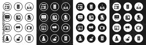 Set Interview, News, Live report, on radio channel, Information, Photo camera and icon. Vector