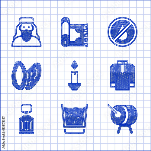 Set Burning candle, Glass with water, Ramadan drum, Shirt kurta, Kareem lantern, Date fruit, No and Muslim man icon. Vector
