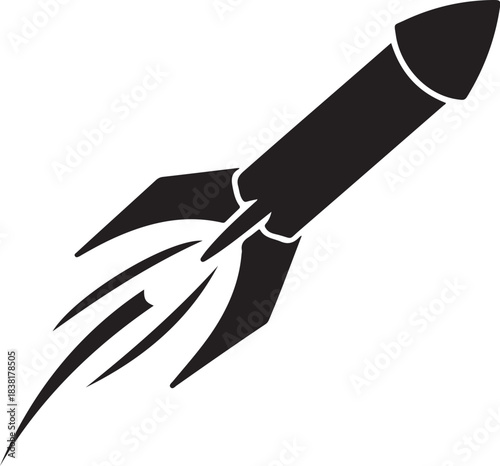 Black rocket ship blasting off with fiery trails spaceship