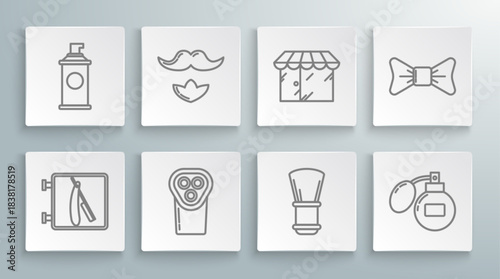 Set line Barbershop with razor, Mustache and beard, Electrical hair clipper shaver, Shaving brush, Aftershave, building, Bow tie and gel foam icon. Vector