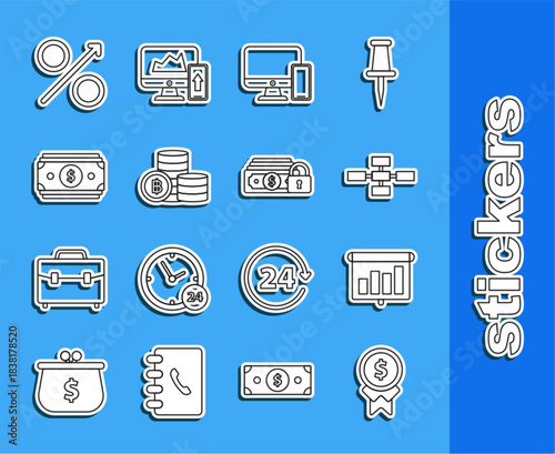Set line Reward for good work, Computer monitor and mobile phone, Cryptocurrency coin Bitcoin, Stacks paper money cash, Percent up arrow and Money lock icon. Vector