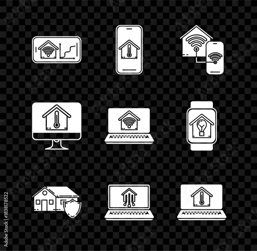 Set Mobile phone with smart home with wi-fi, house temperature, Smart, House under protection, Laptop, Computer monitor and icon. Vector