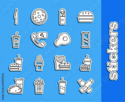 Set line Crossed bottle of water, Paper glass with drinking straw and burger, Soda can, Doner kebab, Food ordering pizza, Knife and Scrambled eggs icon. Vector