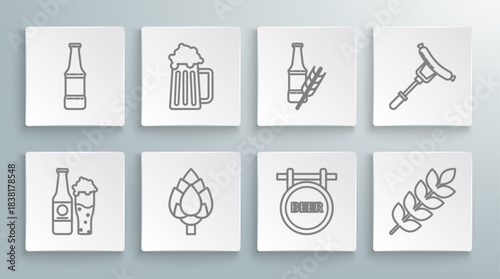 Set line Beer bottle and glass, Wooden beer mug, Hop, Street signboard with inscription, Cereals set rice, wheat, corn, oats, rye, barley, Sausage the fork and icon. Vector