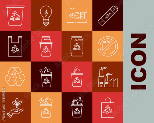 Set line Plastic bag with recycle, Factory, No canister for gasoline, Stop ocean plastic pollution, Recycle bin symbol and, and Can icon. Vector