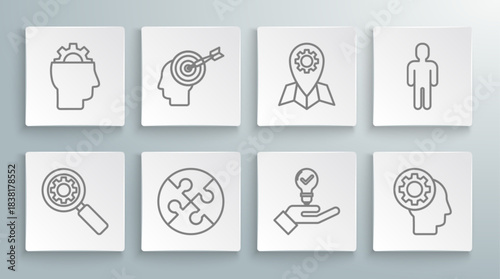 Set line Magnifying glass and gear, Head hunting concept, Piece of puzzle, Light bulb hand, Human head with inside, Location job, User business suit and icon. Vector