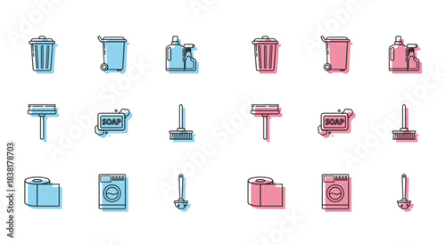 Set line Toilet paper roll, Washer, Trash can, brush, Bar of soap with foam, Mop, Squeegee, scraper, wiper and icon. Vector