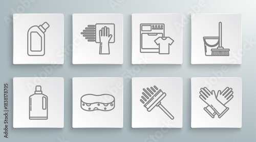 Set line Plastic bottles for liquid dishwashing liquid, Cleaning service, Sponge, Squeegee, scraper, wiper, Rubber gloves, Washer and t-shirt, Mop bucket and icon. Vector