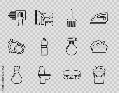 Set line Garbage bag, Bucket with foam and bubbles, Handle broom, Toilet bowl, Cleaning service, Plastic bottles for liquid dishwashing liquid, Sponge and basin soap suds icon. Vector