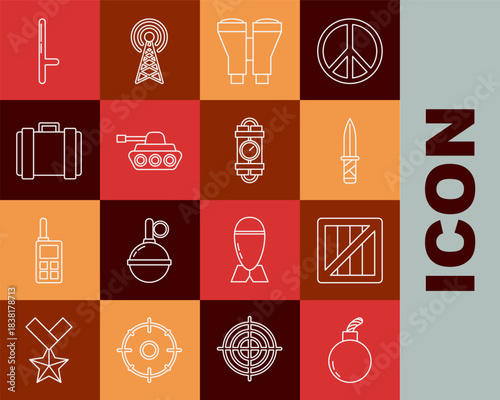 Set line Bomb ready to explode, Military ammunition box, knife, Binoculars, tank, Police rubber baton and Detonate dynamite bomb stick and timer clock icon. Vector