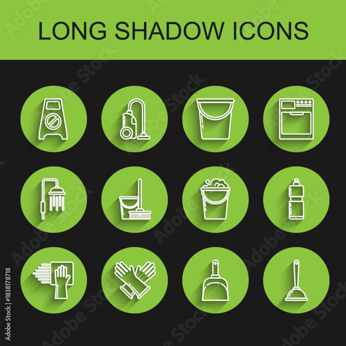 Set line Cleaning service, Rubber gloves, Wet floor and cleaning progress, Dustpan, Toilet plunger, Mop bucket, Plastic bottles for liquid dishwashing liquid and Bucket with foam bubbles icon. Vector