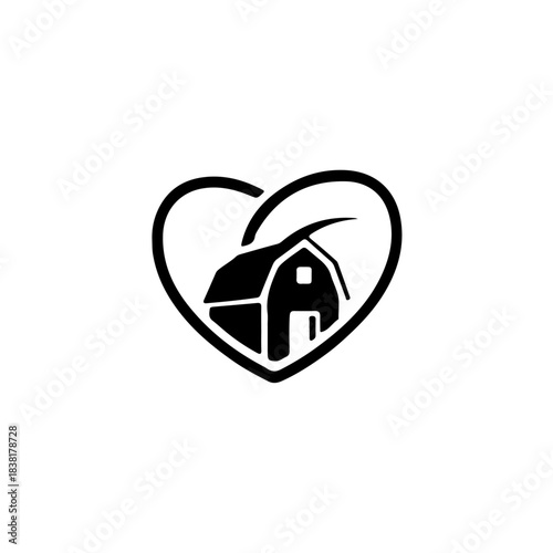 Black and white line art icon of a barn inside a heart shape
