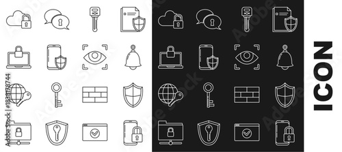 Set line Smartphone with closed padlock, Shield, Ringing bell, Key, security shield, Laptop and, Cloud computing and Eye scan icon. Vector