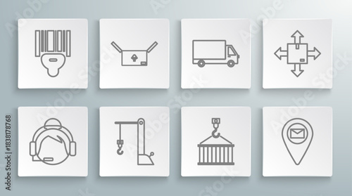 Set line Support operator in touch, Cardboard box with traffic symbol, Harbor crane, Container on, Placeholder map paper, Delivery cargo truck vehicle, and Scanner scanning bar code icon. Vector
