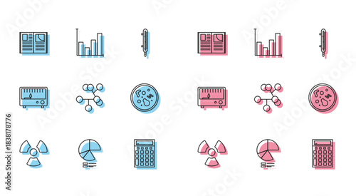 Set line Radioactive, Pie chart infographic, Open book, Calculator, Molecule, Bacteria, Electrical measuring instruments and icon. Vector