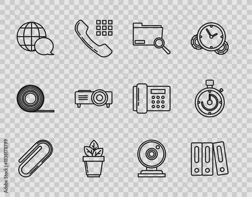 Set line Paper clip, Search concept, Flowers in pot, World map made from speech bubble, Presentation, movie, film, media projector, Web camera and Briefcase icon. Vector