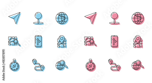 Set line Compass, Route location, Paper airplane, Magnifying glass with globe, Infographic of city map navigation, Folded marker, and Push pin icon. Vector