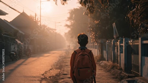 A young student with a backpack walks alone on a dusty village road bathed in golden morning light.
