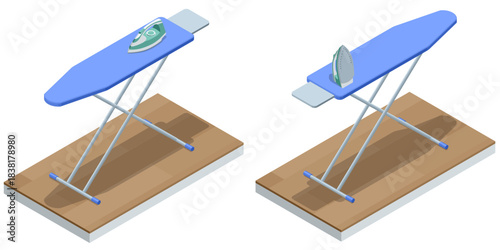 Isometric illustration of two ironing boards with electric irons placed on top, shown on a wooden floor. Minimal clean household equipment scene.