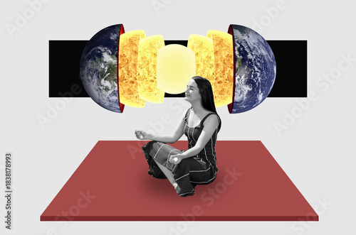 Collage with a woman in meditating pose and divided Earth