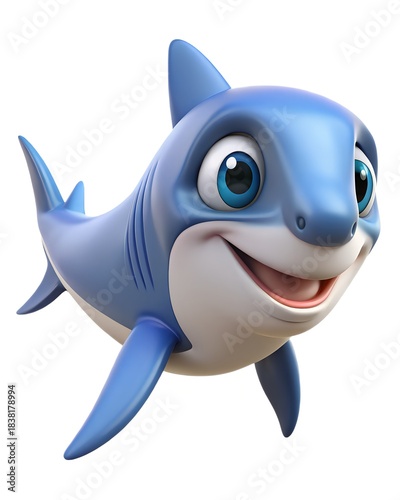 Adorable cartoon baby shark character with a friendly expression and big blue eyes