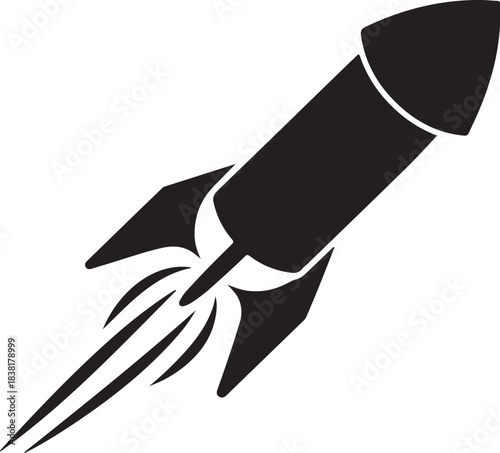 Black rocket ship with fiery exhaust on white background